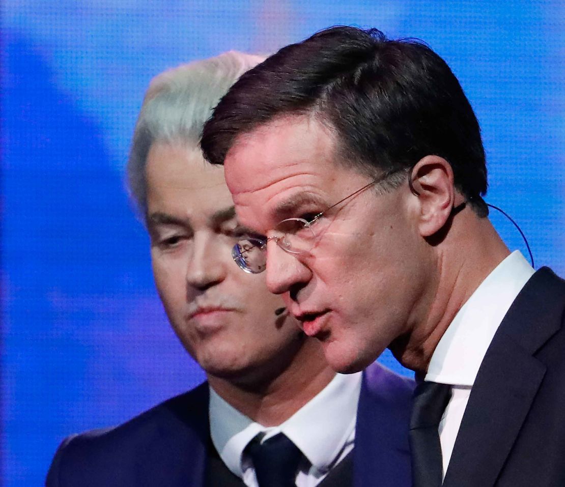 Right-wing populist leader Geert Wilders ended up coming a distant second to Dutch Prime Minister Mark Rutte, right.