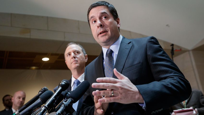 House Intelligence Committee Chairman Rep. Devin Nunes, R-Calif., right, accompanied by the committee's ranking member, Rep. Adam Schiff, D-Calif., talks to reporters, on Capitol Hill in Washington, Wednesday, March, 15, 2017, about their investigation of Russian influence on the American presidential election. Both lawmakers said they have no evidence to back up President Trump's claim that former President Barack Obama wiretapped Trump Plaza during the 2016 campaign. (AP Photo/J. Scott Applewhite)