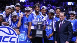 BROOKLYN, NY - MARCH 11:   The Duke Blue Devils  celebrate after winning the 2017 New York Life ACC Tournament Final round game between the Notre Dame Fighting Irish and the Duke Blue Devils on March 11, 2017, at the Barclays Center in Brooklyn,NY.  (Photo by Rich Graessle/Icon Sportswire via Getty Images)