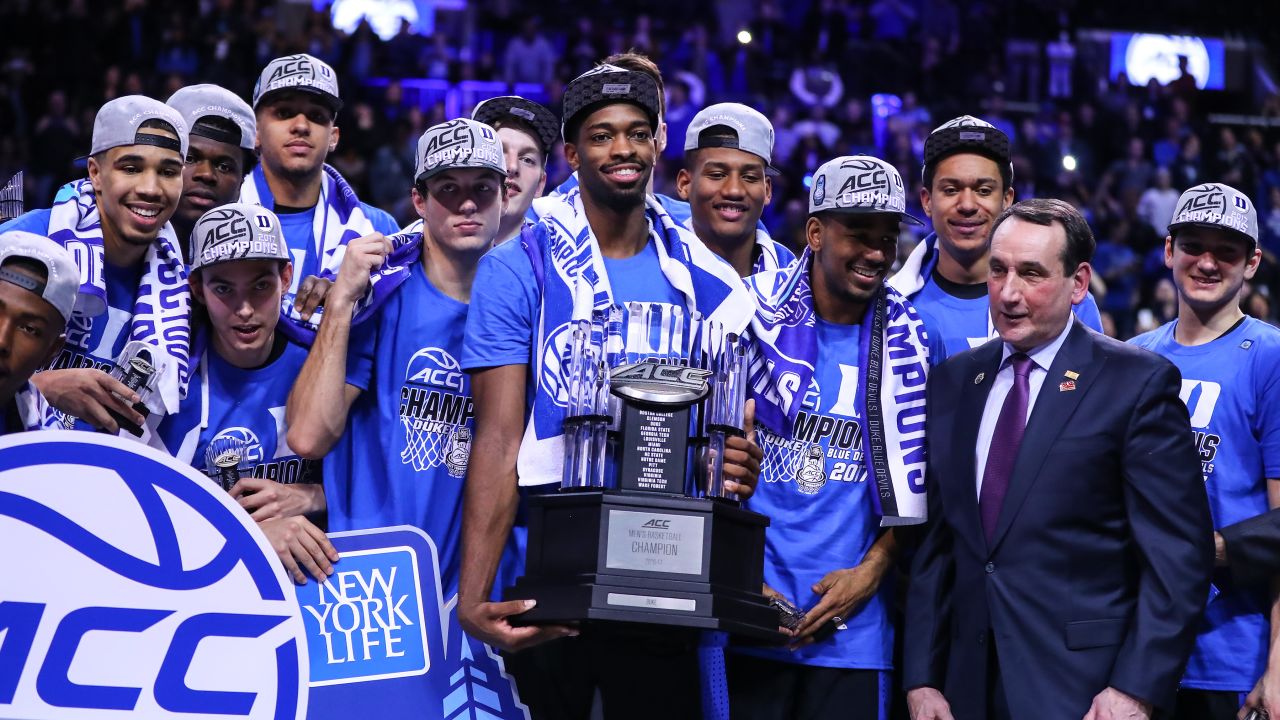 The Duke Blue Devils celebrate after winning the 2017 ACC tournament title over the Notre Dame Fighting Irish on Saturday at the Barclays Center in the Brooklyn borough of New York City.