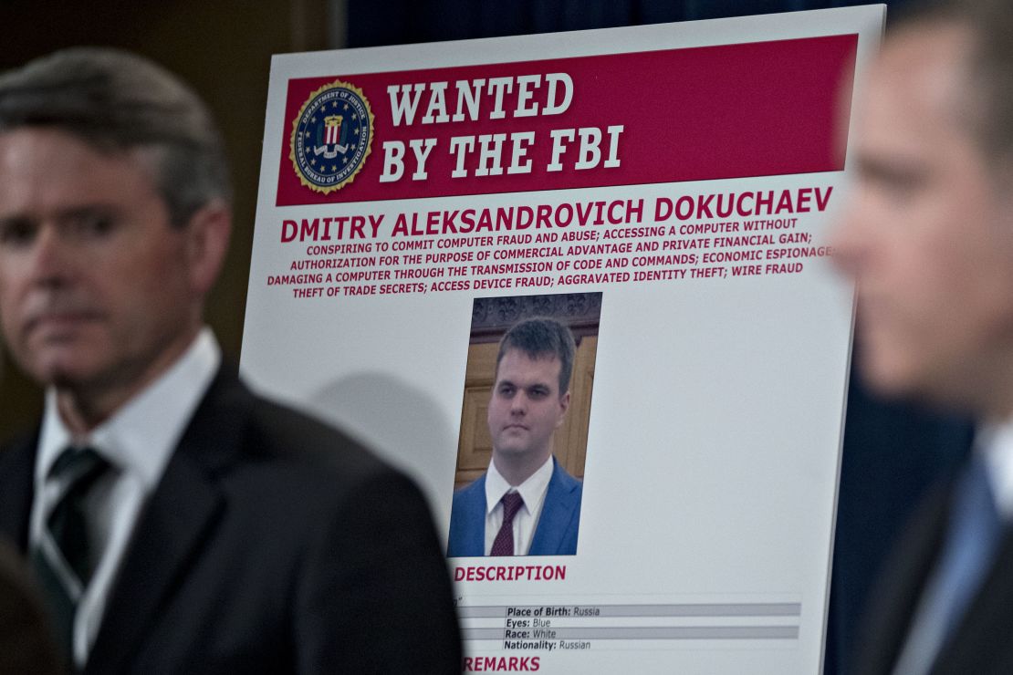 An FBI wanted poster for Dmitry  Dokuchaev at a news conference at the US Department of Justice on March 15. 