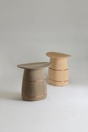 Nakagawa collaborated with Danish design studio <a href="index.php?page=&url=http%3A%2F%2Fwww.oeo.dk%2F" target="_blank" target="_blank">OeO</a> to produce these wooden stools, inspired by the lines and craftsmanship of the oke items. 