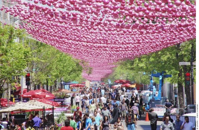<strong>Gay Village</strong> -- The Boules Roses -- a canopy of pink balls by Claude Cormier -- are synonymous with The Village.