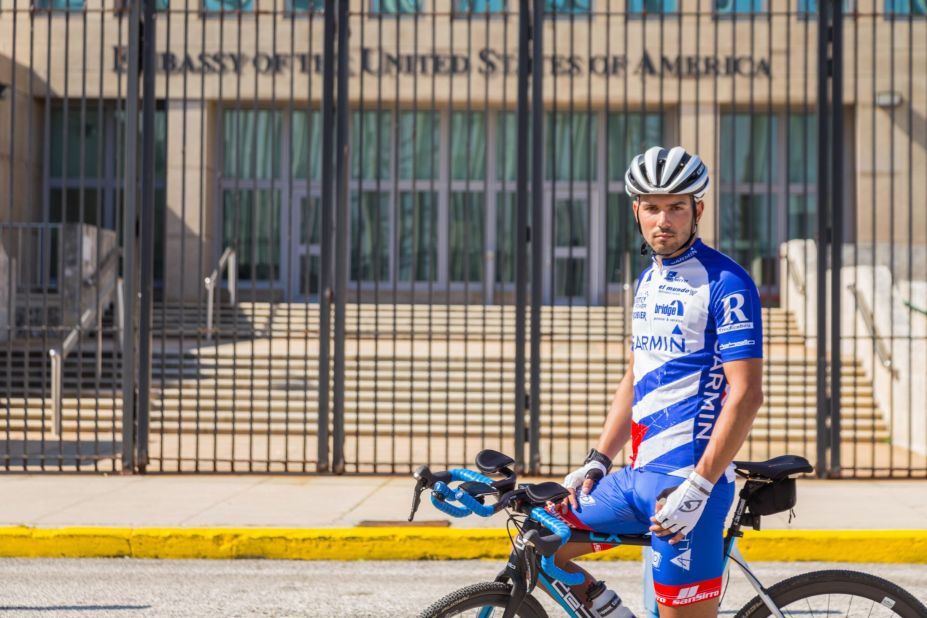 Zurl poses in front of the newly opened US Embassy in Havana. The recent easing of US sanctions on Cuba has had an impact on the island's ability to host international sporting events. 