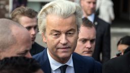 THE HAGUE, NETHERLANDS - MARCH 15:  Geert Wilders (C), the leader of the right-wing Party for Freedom (PVV), speaks to the media after casting his vote during the Dutch general election, on March 15, 2017 in The Hague, Netherlands. Dutch voters go to the polls today in a tightly contested election.  (Photo by Carl Court/Getty Images)