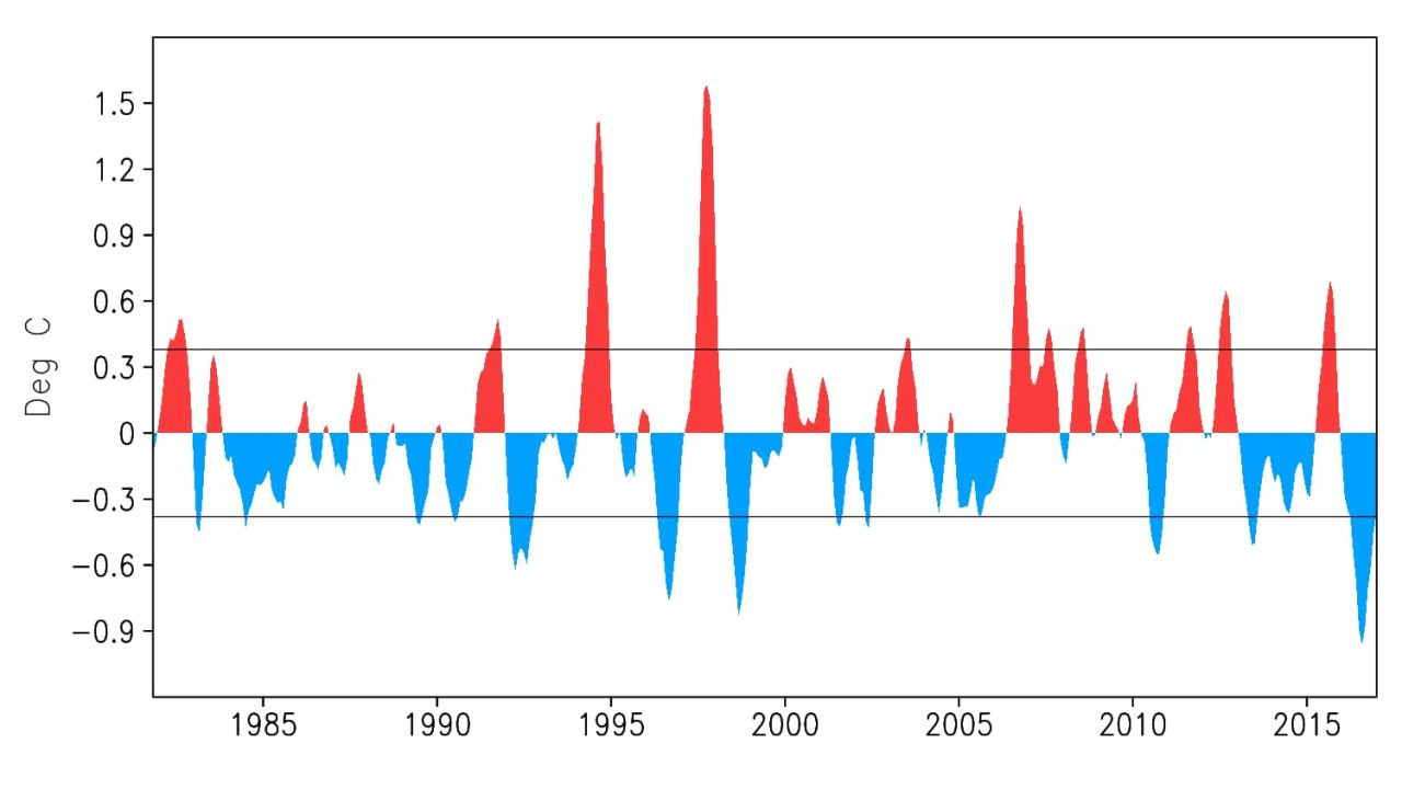 Temperature differences between east and west Indian Ocean