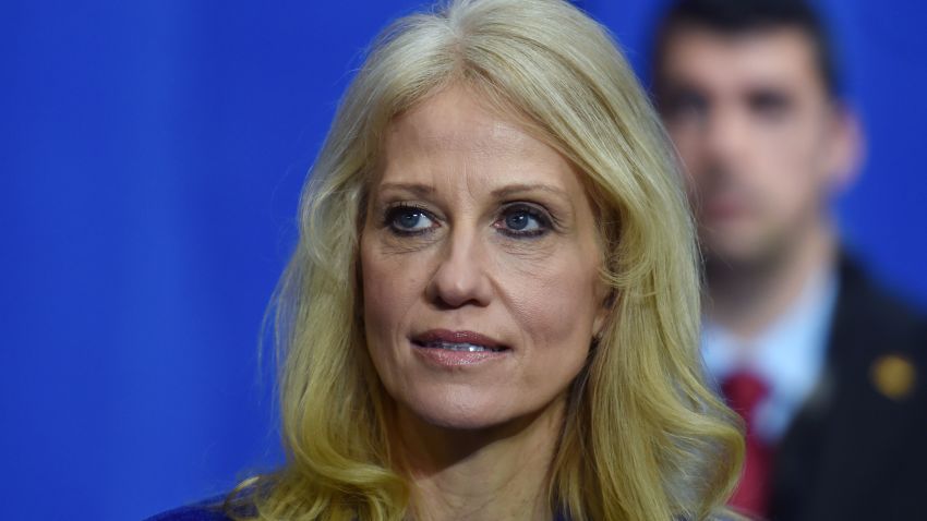 Counselor to the President Kellyanne Conway, listens as US President Donald Trump speaks at American Center for Mobility in Ypsilanti, Michigan on March 15, 2017. 