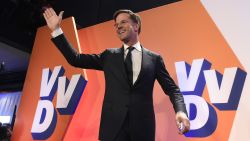 Netherlands' prime minister and VVD party leader Mark Rutte celebrates after winning the general elections in The Hague on March 15, 2017. 
The Liberal party of Dutch Prime Minister Mark Rutte was set to win the most seats in Wednesday's elections, forcing far-right Geert Wilders into second place along with two other parties,  the Christian Democratic Appeal and the Democracy party D66, exit polls predicted. / AFP PHOTO / JOHN THYS        (Photo credit should read JOHN THYS/AFP/Getty Images)