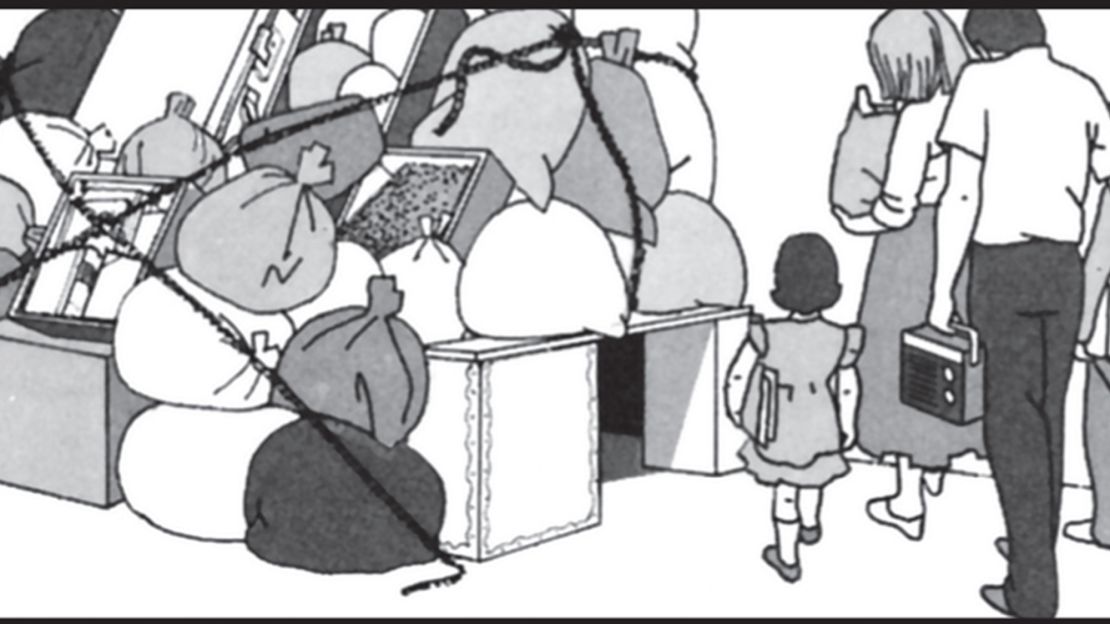 Illustration from "Protect and Survive" shows a family entering their inner refuge in the fall-out room.