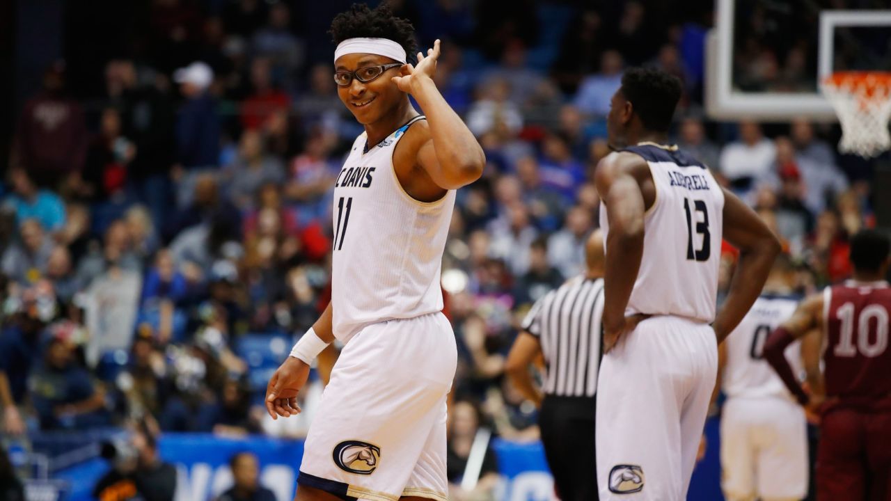 UC Davis forward Chima Moneke celebrates defeating North Carolina Central 67-63 during Wednesday's First Four game in the 2017 NCAA men's basketball tournament at UD Arena in Dayton, Ohio.