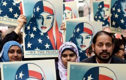 Protesters march in New York's Times Square in solidarity with American Muslims and against the travel ban ordered by US President Donald Trump on February 19, 2017. / TIMOTHY A. CLARY/AFP/Getty Images