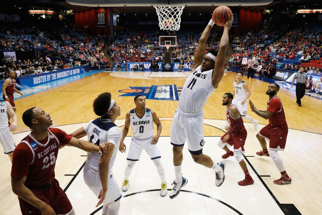 Moneke snags a rebound in the first half against North Carolina Central.