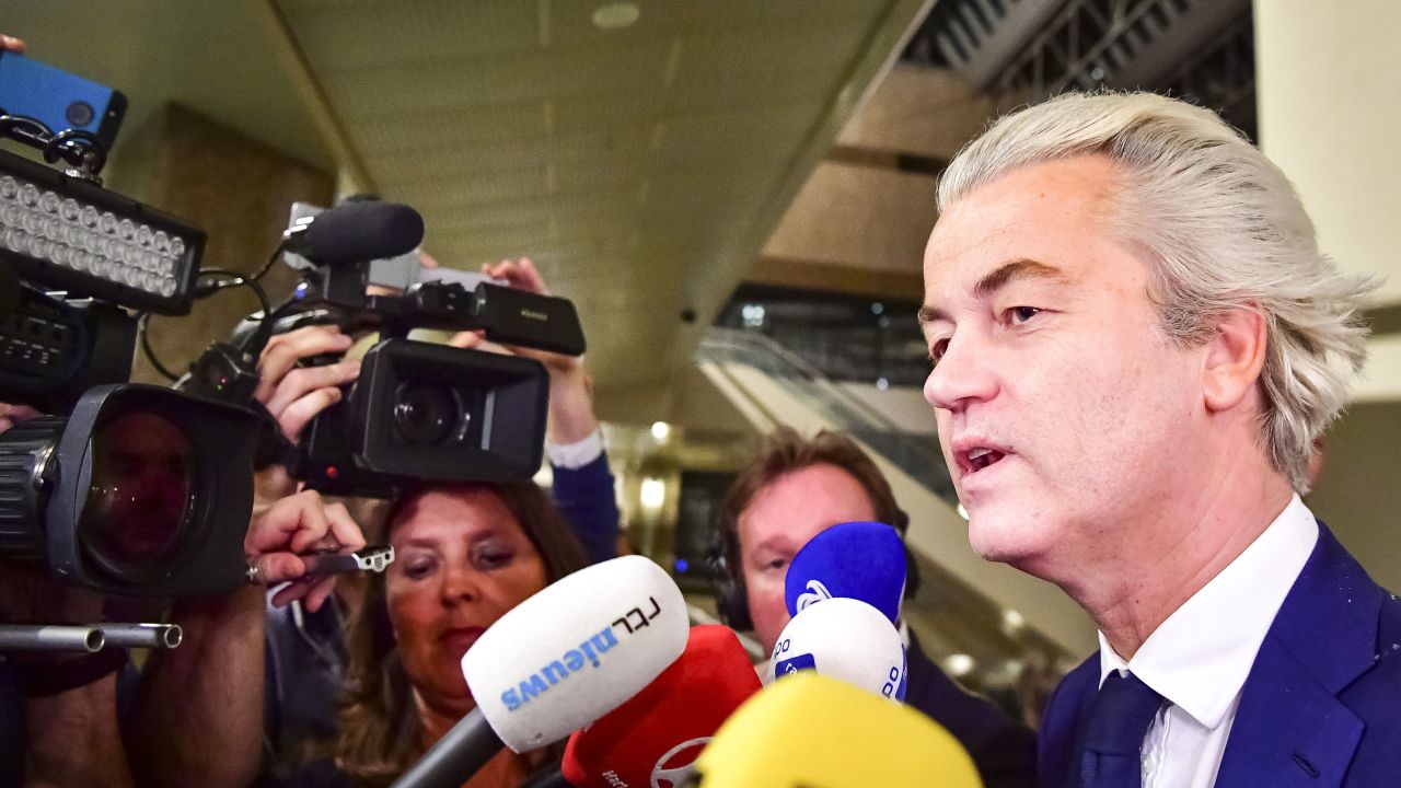 PVV leader Geert Wilders speaks to the press on election night in The Hague, on March 15.