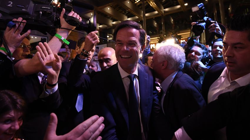 THE HAGUE, NETHERLANDS - MARCH 15: Dutch Prime Minister Mark Rutte is greeted by supporters as he arrives to make a speech following his victory in the Dutch general election on March 15, 2017 in The Hague, Netherlands. Dutch voters have gone to the polls in one of the most tightly contested general elections in recent years. (Photo by Carl Court/Getty Images)