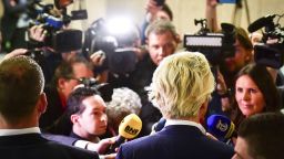PVV leader Geert Wilders speaks to the press during election night in the Hague, on March 15, 2017. 
The Liberal party of Dutch Prime Minister Mark Rutte was set to win the most seats in Wednesday's elections, forcing far-right Geert Wilders into second place along with two other parties,  the Christian Democratic Appeal and the Democracy party D66, exit polls predicted. / AFP PHOTO / ANP / Robin Utrecht / Netherlands OUT - Belgium OUT        (Photo credit should read ROBIN UTRECHT/AFP/Getty Images)
