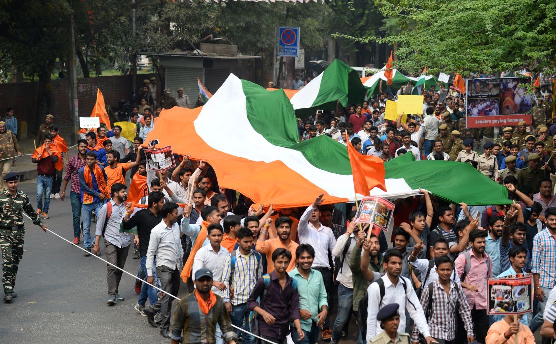 Right-wing student groups march in Delhi protest "anti-nationals." 