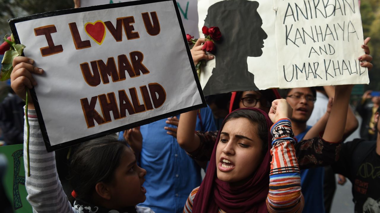 Students protest in support of Umar Khalid and Kanhaiya Kumar after their arrest.