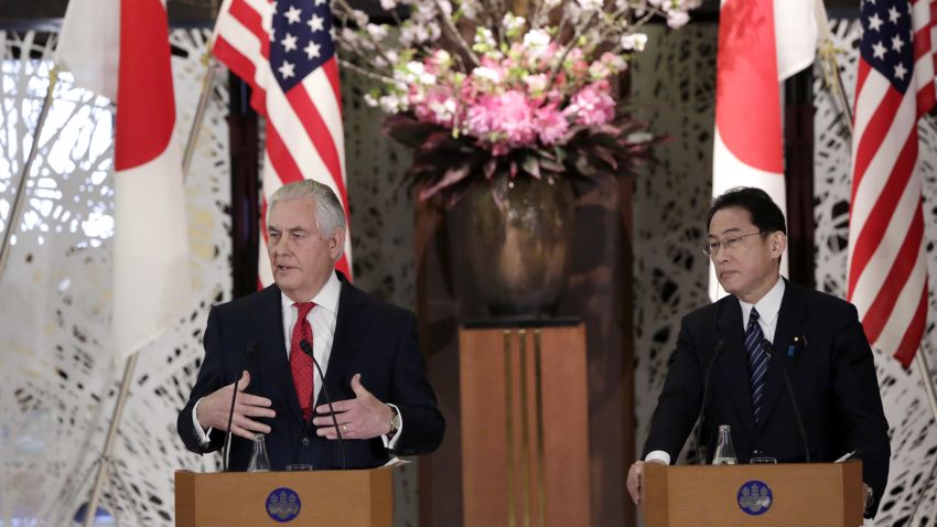 U.S. Secretary of State Rex Tillerson, left, speaks beside Japanese counterpart Fumio Kishida, right,  during a joint press conference after their bilateral meeting at Foreign Ministry's Iikura guest house in Tokyo, Thursday, March 16, 2017.  Tillerson said Thursday cooperation with allies Japan and South Korea is "critical" to addressing the threat from North Korea's nuclear and missile programs. (AP Photo/Eugene Hoshiko)