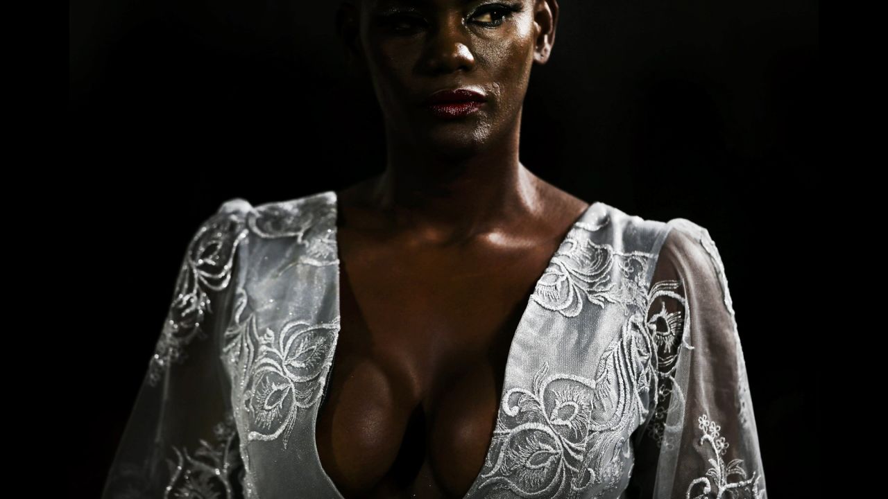 A model wears a creation by Angolan designer Nadir Tati during a fashion show in Lisbon, Portugal, on Sunday, March 12.