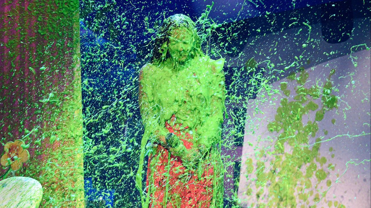 Pop star Demi Lovato gets slimed at the Nickelodeon Kids' Choice Awards on Saturday, March 11.
