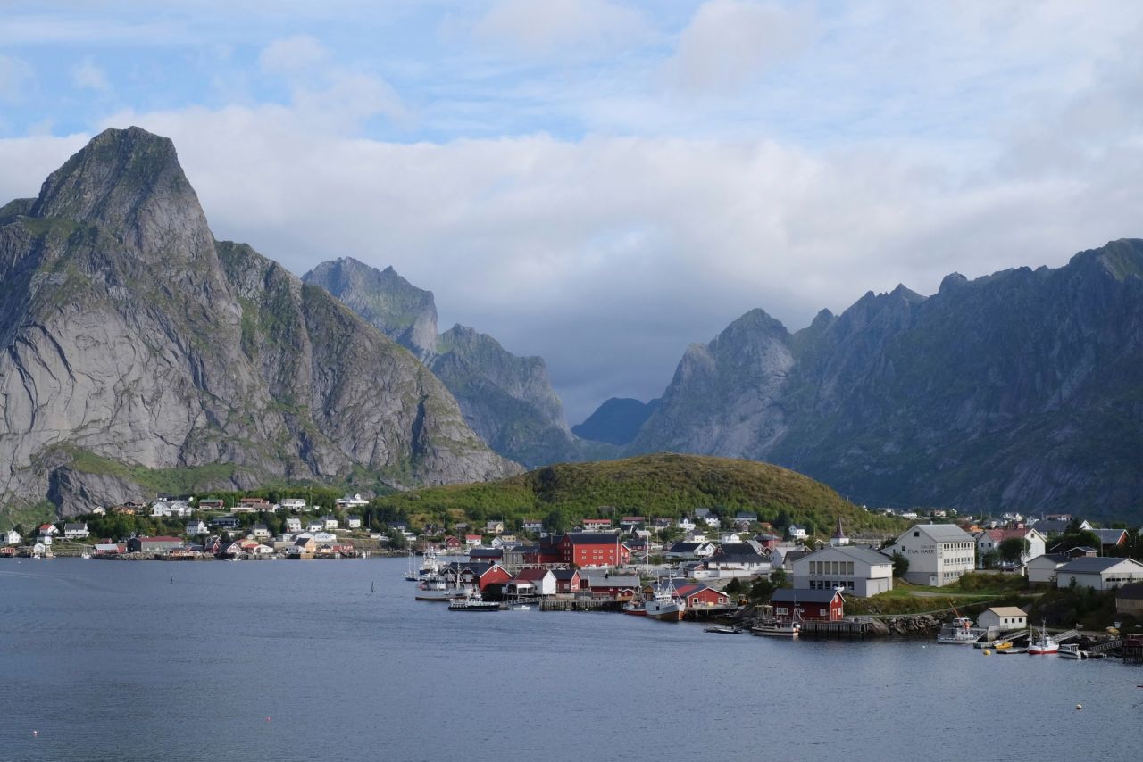 <strong>1. Norway. </strong>This Scandinavian country filled with hikers, fjord-explorers and coffee drinkers vaulted from fourth place to first place to become the world's happiest country. The Lofoten Islands, shown here, are well known for their jagged mountains and red cabins.