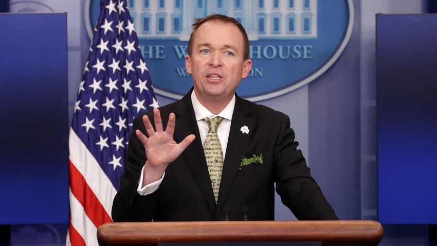 Office of Management and Budget Director Mick Mulvaney takes questions from reporters during a briefing in the Brady Press Briefing Room at the White House March 16, 2017 in Washington, DC.