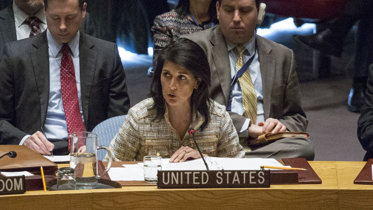 US United Nations Ambassador Nikki Haley speaks at the Security Council meeting on February 21, 2017 at UN Headquarters in New York.