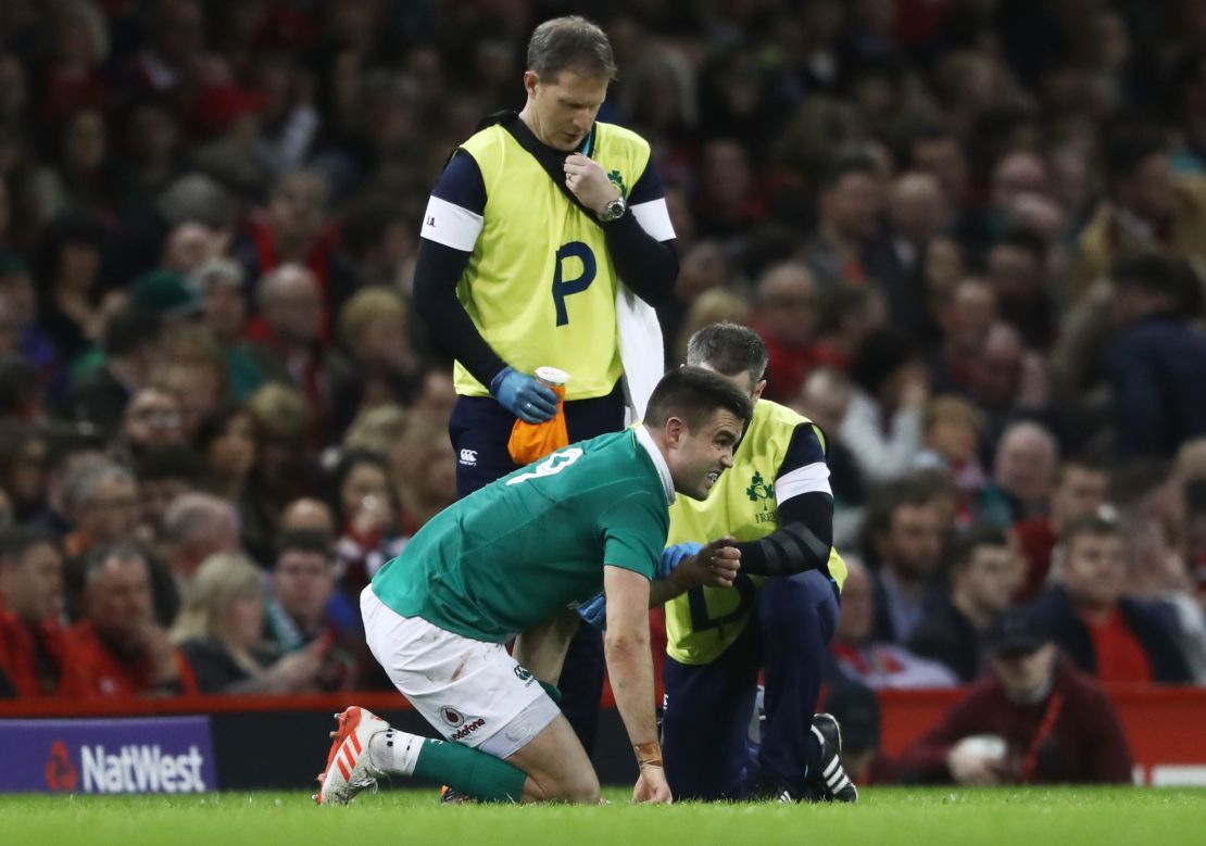 Ireland's Conor Murray receives treatment during the Six Nations match against Wales in Cardiff.