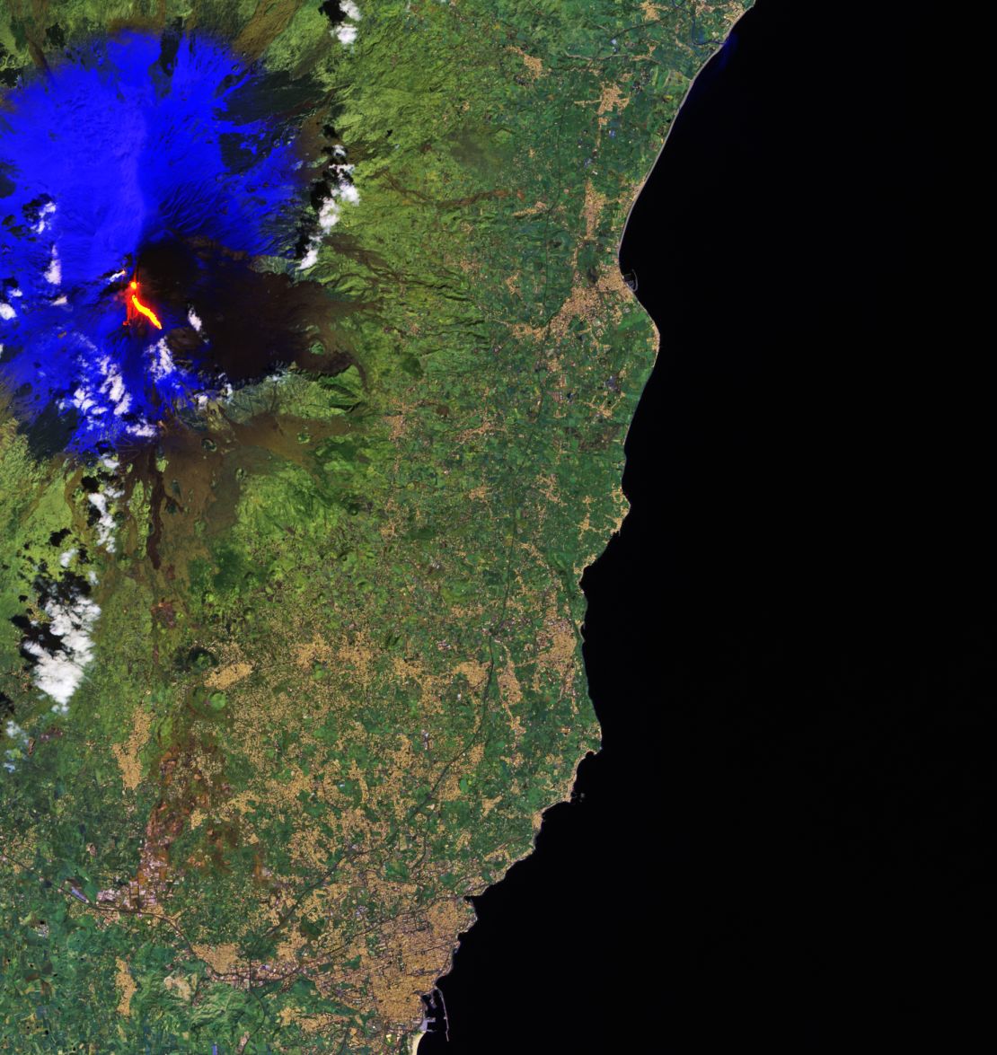 A satellite image of Mount Etna erupting on March 16, 2017, by the Copernicus Sentinel-2A satellite.