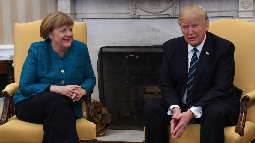 WASHINGTON, DC - MARCH 17: German Chancellor Angela Merkel (L) meets with U.S. President Donald Trump in the Oval Office of the White House on March 17, 2017 in Washington, DC. This is Merkel's first visit to the U.S. under the Trump administration. (Photo by Pat Benic-Pool/Getty Images)