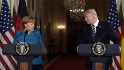 US President Donald Trump and German Chancellor Angela Merkel hold a joint press conference in the East Room of the White House in Washington, DC, on March 17, 2017. 