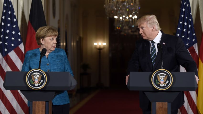 US President Donald Trump and German Chancellor Angela Merkel hold a joint press conference in the East Room of the White House in Washington, DC, on March 17, 2017.