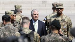 U.S. Secretary of State Rex Tillerson, center, visits with U.S. Gen. Vincent K. Brooks, commander of the United Nations Command, Combined Forces Command and United States Forces Korea, right, at the border village of Panmunjom, which has separated the two Koreas since the Korean War, South Korea, Friday, March 17, 2017. (AP Photo/Lee Jin-man, Pool)
