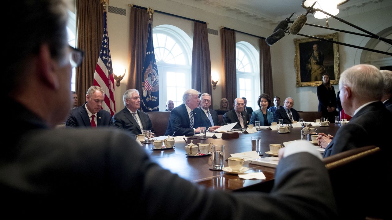 President Trump speaks at the first meeting of his Cabinet on Monday, March 13. <a href="http://www.cnn.com/2017/03/13/politics/donald-trump-obamacare-repeal-gop-plan/" target="_blank">See Trump's nominees and their confirmation hearings</a>