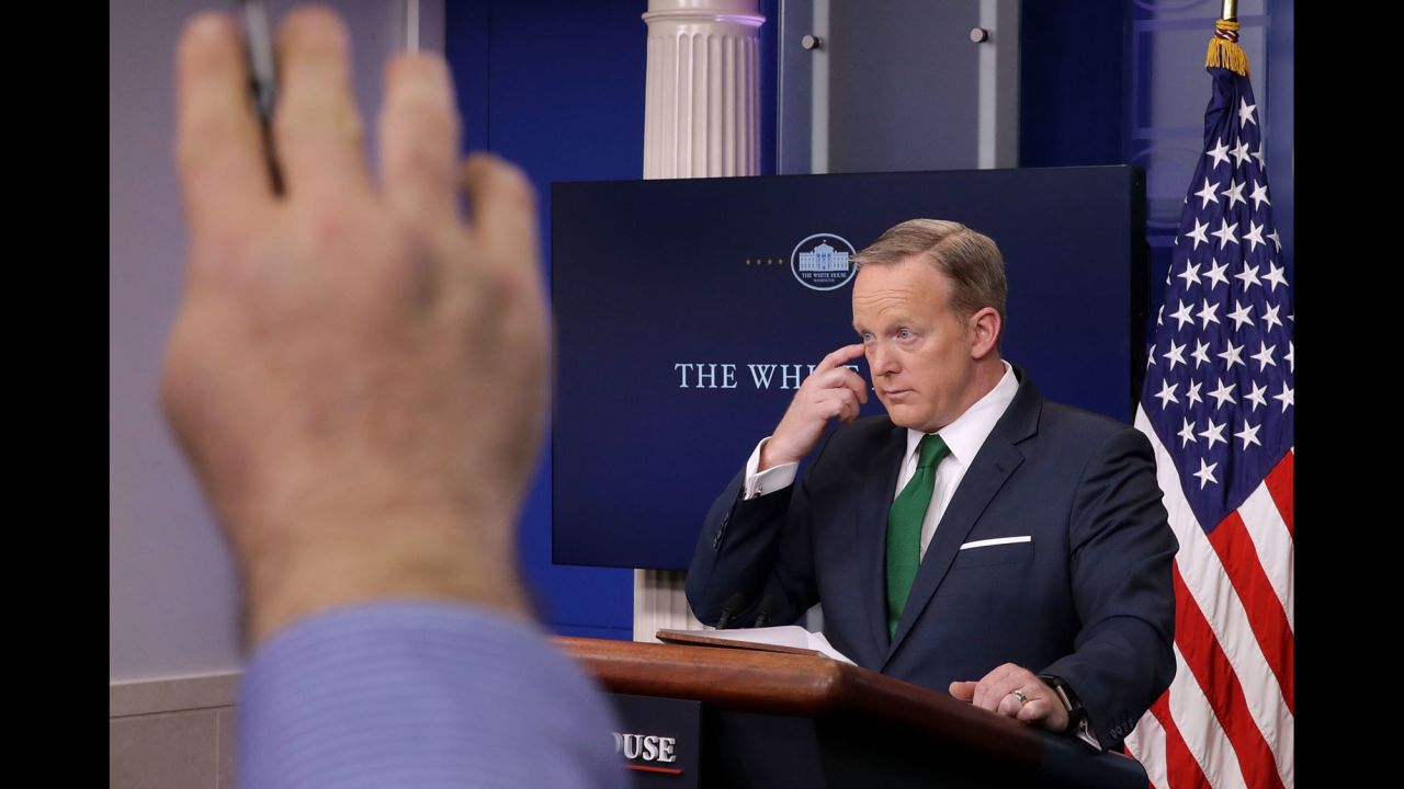 White House Press Secretary Sean Spicer answers reporters' questions in Washington on Thursday, March 16.
