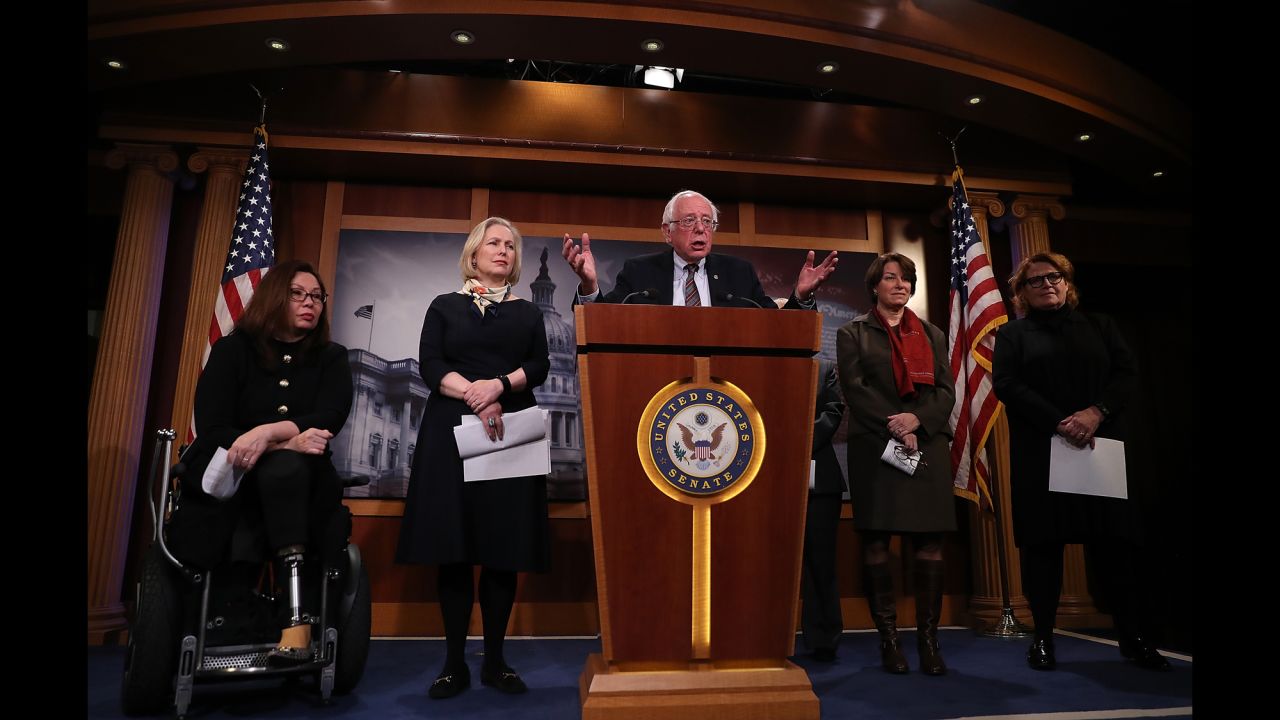 From left, US Sens. Tammy Duckworth, Kirsten Gillibrand, Bernie Sanders, Amy Klobuchar and Heidi Heitkamp attend a news conference in Washington on Tuesday, March 14. The lawmakers <a href="http://money.cnn.com/2017/03/14/pf/democrats-paid-family-leave-plan/" target="_blank">called on the President to support the FAMILY Act,</a> which would set up an insurance fund to offer paid leave to working Americans.