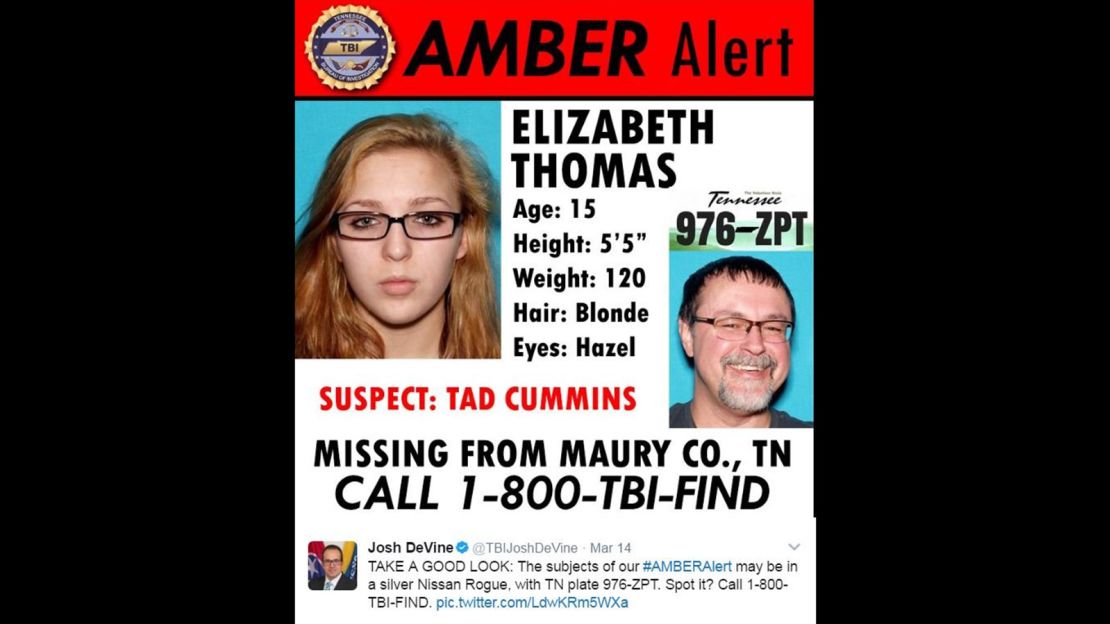 The Tennessee Bureau of Investigations is extending an amber alert for Elizabeth Thomas, 15m who has been since Monday, March 13. Authorities says Thomas is with 50-year-old Tad Cummins, a former teacher at Thomas' school.