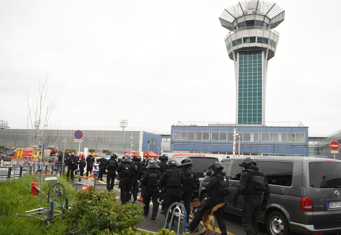 French police secure the area at Orly airport on Saturday.