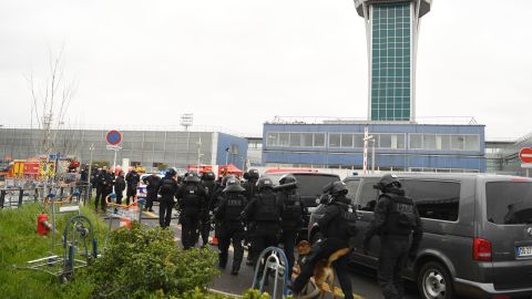 French police secure the area at Orly airport on Saturday.