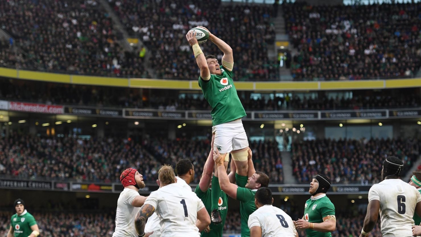 Man of the match Peter O'Mahony wins lineout ball during Ireland's Six Nations win over England. 