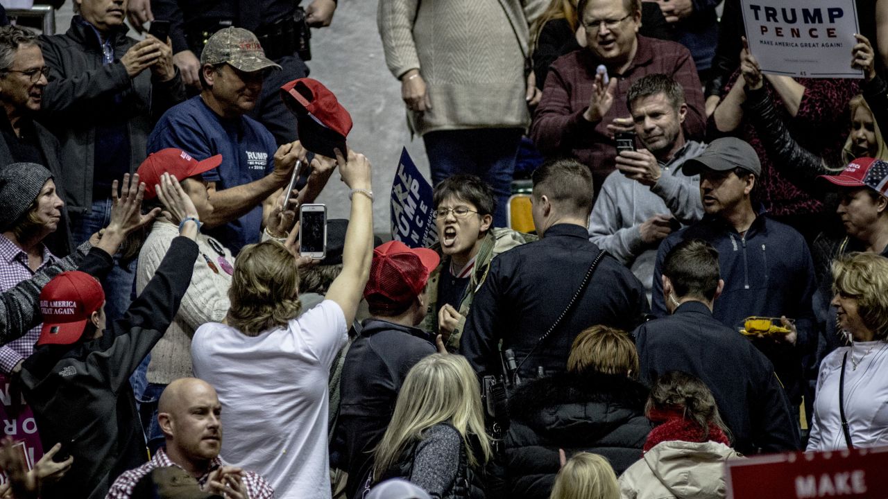 A protester yells at Trump supporters at a rally held by the President in Nashville, Tennessee, on Wednesday, March 15. During his speech, Trump <a href="http://www.cnn.com/2017/03/15/politics/donald-trump-travel-ban-judge-ruling/" target="_blank">decried a federal judge's decision</a> to block his latest travel ban, saying it endangers national security and makes the United States look weak.