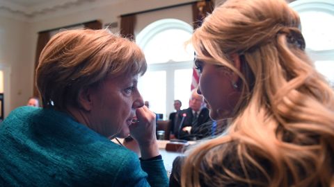 German Chancellor Angela Merkel (L) speaks with Ivanka Trump during a roundtable discussion in the Cabinet Room of the White House on March 17, 2017 in Washington, DC. 