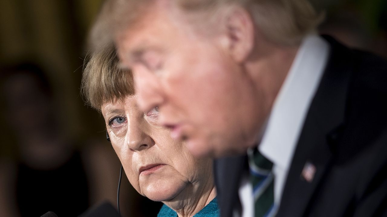 German Chancellor Angela Merkel looks at Trump during a <a href="http://www.cnn.com/2017/03/17/politics/donald-trump-angela-merkel/" target="_blank">joint news conference</a> at the White House on Friday, March 17.