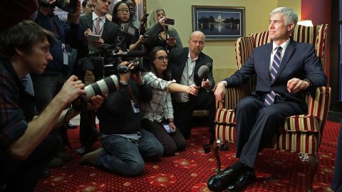Gorsuch faces members of the news media while meeting with US Sen. Joe Manchin, D-West Virginia, on February 1.