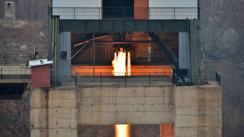 This undated picture released by North Korea's official Korean Central News Agency (KCNA) on March 19, 2017 shows the ground jet test of a newly developed high-thrust engine at the Sohae Satellite Launching Ground in North Korea.North Korea has tested a powerful new rocket engine, state media said on March 19, with leader Kim Jong-Un hailing the successful test as a "new birth" for the nation's rocket industry. / AFP PHOTO / KCNA VIA KNS / STR / South Korea OUT / REPUBLIC OF KOREA OUT   ---EDITORS NOTE--- RESTRICTED TO EDITORIAL USE - MANDATORY CREDIT "AFP PHOTO/KCNA VIA KNS" - NO MARKETING NO ADVERTISING CAMPAIGNS - DISTRIBUTED AS A SERVICE TO CLIENTSTHIS PICTURE WAS MADE AVAILABLE BY A THIRD PARTY. AFP CAN NOT INDEPENDENTLY VERIFY THE AUTHENTICITY, LOCATION, DATE AND CONTENT OF THIS IMAGE. THIS PHOTO IS DISTRIBUTED EXACTLY AS RECEIVED BY AFP.  /         (Photo credit should read STR/AFP/Getty Images)