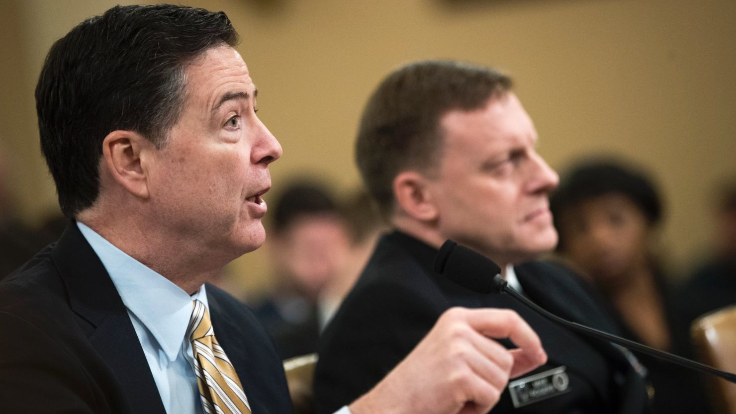 FBI Director James Comey and NSA Director Michael Rogers testify during a House intelligence hearing concerning Russian meddling in the 2016 US election. (Drew Angerer/Getty Images)