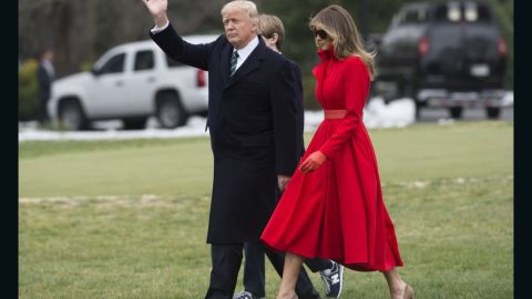 US President Donald Trump, First Lady Melania Trump and their son, Barron, walk to Marine One prior to departing from the South Lawn of the White House.
