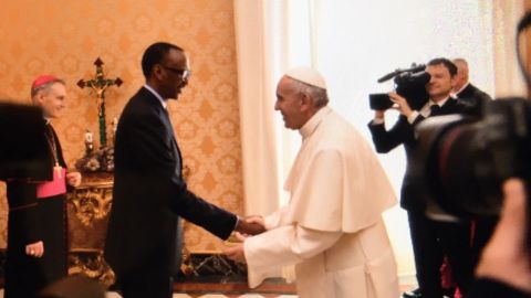 Rwandan President Paul Kagame meets with Pope Francis at the Vatican.