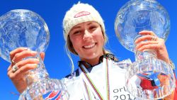 ASPEN, CO - MARCH 19:  Mikaela Shiffrin of United States celebrates with the globes for being awarded the overall season ladies' champion and lasies' season slalom champion at the 2017 Audi FIS Ski World Cup Finals at Aspen Mountain on March 19, 2017 in Aspen, Colorado.  (Photo by Tom Pennington/Getty Images)