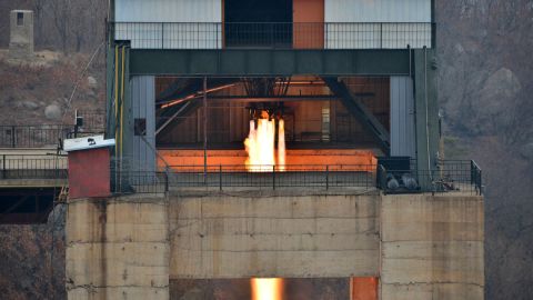 This undated picture released by North Korea's official Korean Central News Agency (KCNA) on March 19, 2017 shows the ground jet test of a newly developed high-thrust engine at the Sohae Satellite Launching Ground in North Korea.